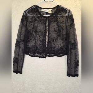 Scala Cover-up Top Womens M Black Sheer Floral Embroidered Embellished Elegant